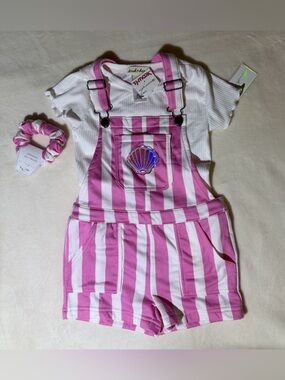 NWT Pink & White Striped Short Overalls with Matching Scrunchie